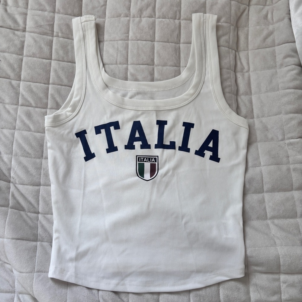 SHEIN White Fitted Tank Top Blue Accents